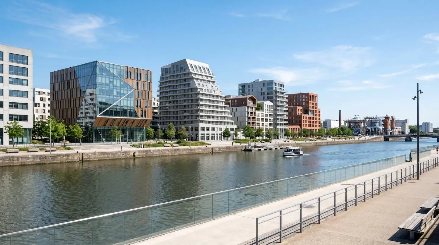 Vue en plongée sur l'architecture contemporaine de l'Île de Nantes avec des immeubles modernes aux façades vitrées le long du quai, photographiée en plein jour sous un ciel lumineux