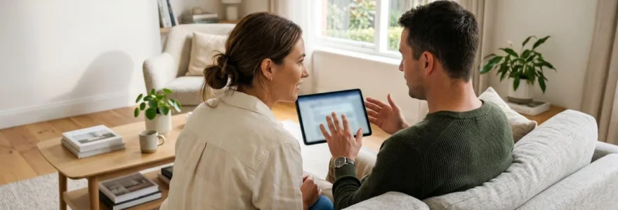 Un couple dans la trentaine consulte ensemble une tablette tactile sur un canapé moderne, vu de trois quarts arrière dans un salon lumineux aux tons clairs