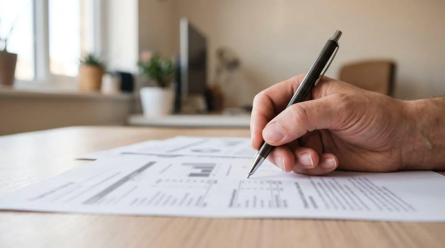 Une main tenant un stylo au-dessus de documents financiers comportant des tableaux de chiffres et des lignes de contrat, photographiée en gros plan avec un flou artistique sur l'arrière-plan
